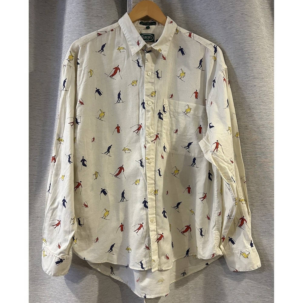 Vintage Izod Sking All Over Print Button Up Long Sleeve Size Large